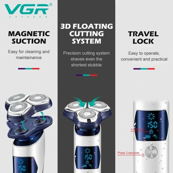 ماشین اصلاح وی جی آر مدل V-328 سه تیغ ضد آب با برش چرخشی